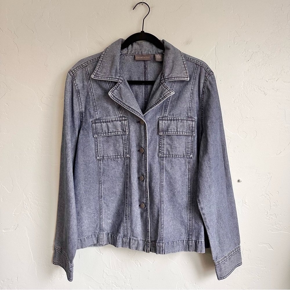 Relativity Women Classic Button Up Notched Collar Denim‎ Jean Jacket Size XL EUC